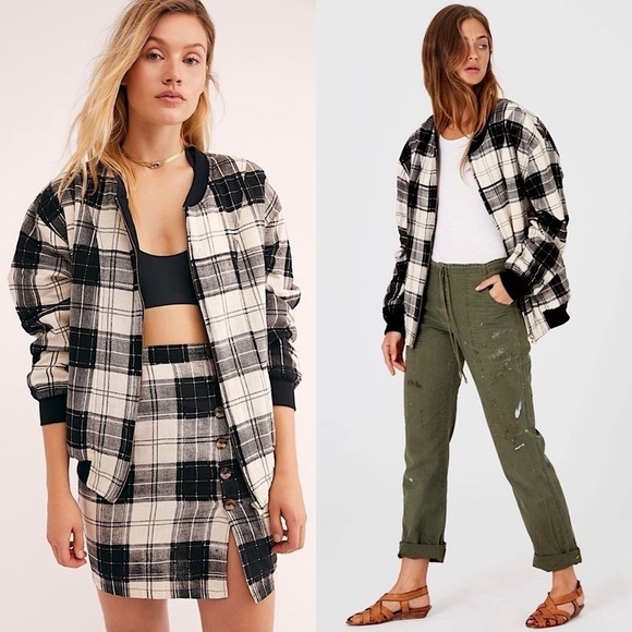 FREE PEOPLE 90s Linen Oversized Tartan Plaid Quilted Bomber Jacket Barn Coat S - Picture 1 of 7